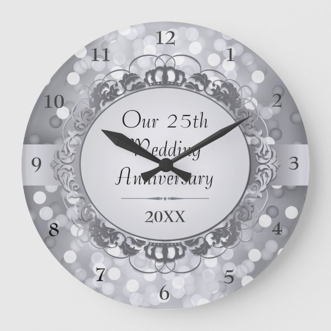 Silver Bokeh 25-jähriges Jubiläum Wall Clock Große Wanduhr (Vorderseite)