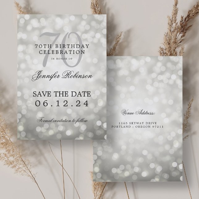 Silver Bokeh 70. Geburtstag Save the Date Einladung (Silver Bokeh 70th Birthday Save the Date Invitation)