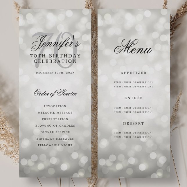Silver Bokeh 70. Geburtstagsprogramm Menü Einladung (Silver Bokeh 70th Birthday Program Menu)