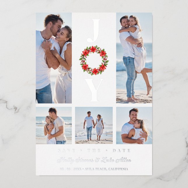 Silver Botanic Christmas Wreath Initials 5 Photos Folieneinladung (Vorderseite)