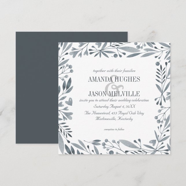 Silver Botanical | Blumenhochzeit | Quadrat | Einladung (Vorne/Hinten)