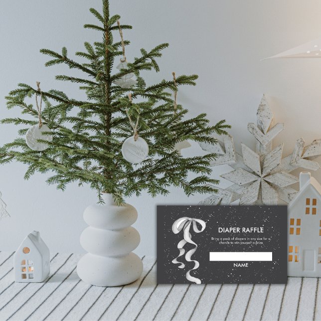 Silver Bow Winter Snow Diaper Raffle Baby Shower  Begleitkarte (Silver Bow Winter Snow Diaper Raffle Baby Shower Enclosure Card)