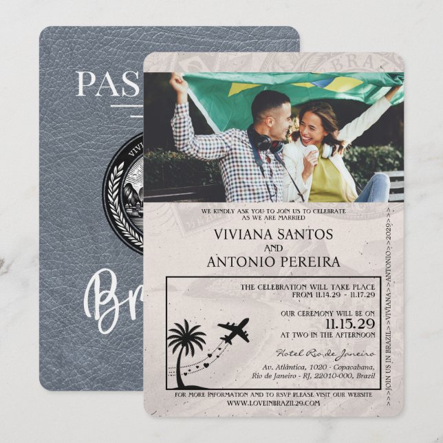 Silver Brazil Passport Wedding Einladung (Vorne/Hinten)