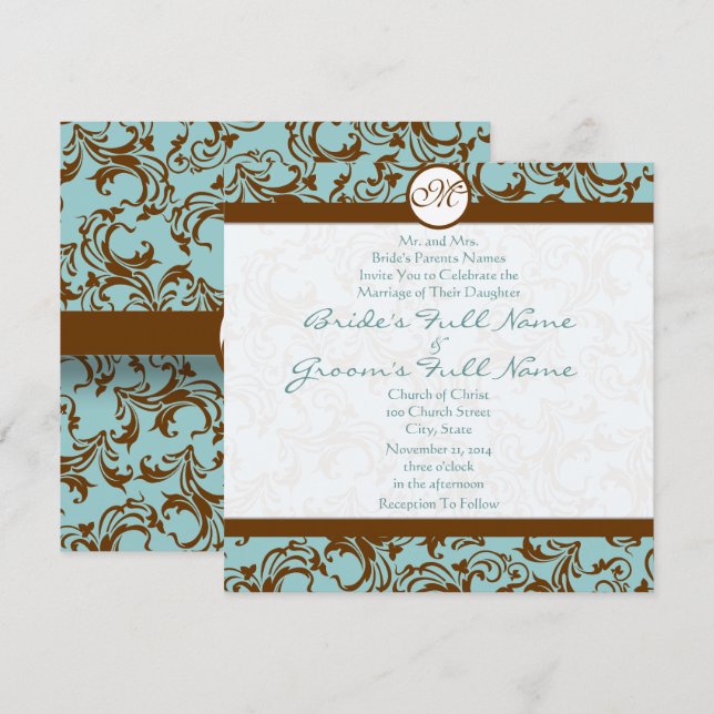 Silver Brown Damask Aqua Blue Wedding Einladung (Vorne/Hinten)