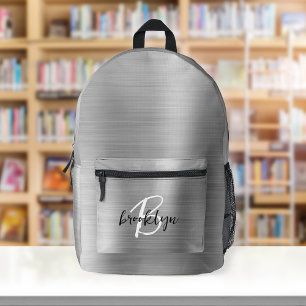 Silver Brushed Metal Schwarz-weiß Script Monogram Bedruckter Rucksack