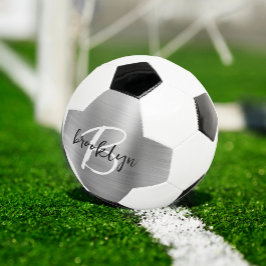 Silver Brushed Metal Schwarz-weiß Script Monogram Fußball