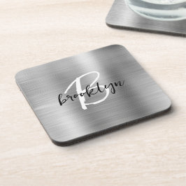 Silver Brushed Metal Schwarz-weiß Script Monogram Getränkeuntersetzer