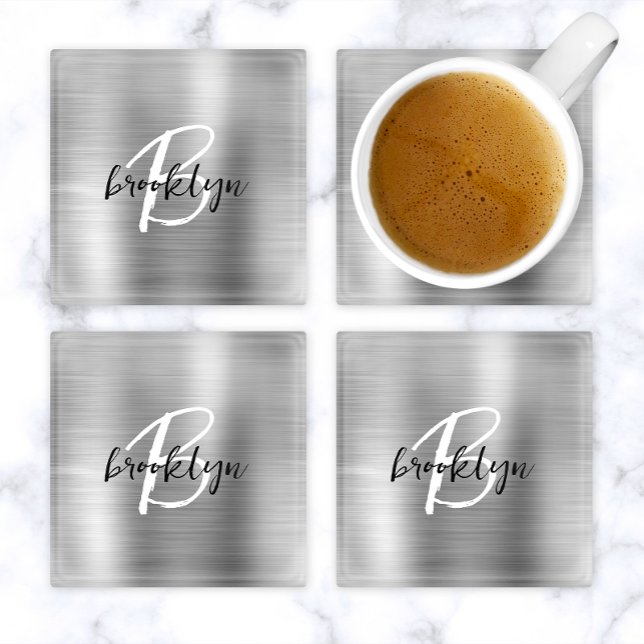 Silver Brushed Metal Schwarz-weiß Script Monogram Glasuntersetzer (Von Creator hochgeladen)