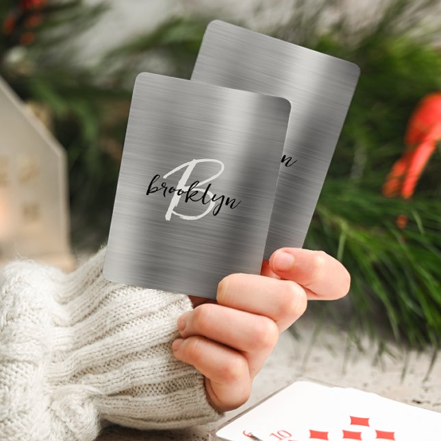 Silver Brushed Metal Schwarz-weiß Script Monogram Spielkarten (Von Creator hochgeladen)