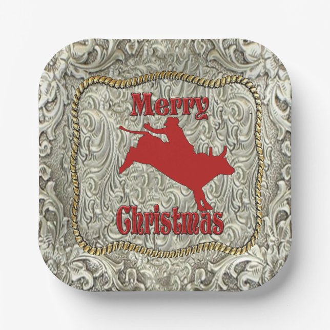 Silver Bull Rider Gürtel Buckle Weihnachten Pappteller (Vorderseite)