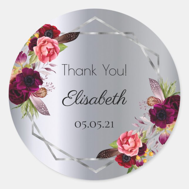 Silver burgundy Blume geometrischer Name Runder Aufkleber (Vorderseite)