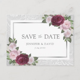 Silver Burgundy Blush Wedding Save the Date Ankündigungspostkarte