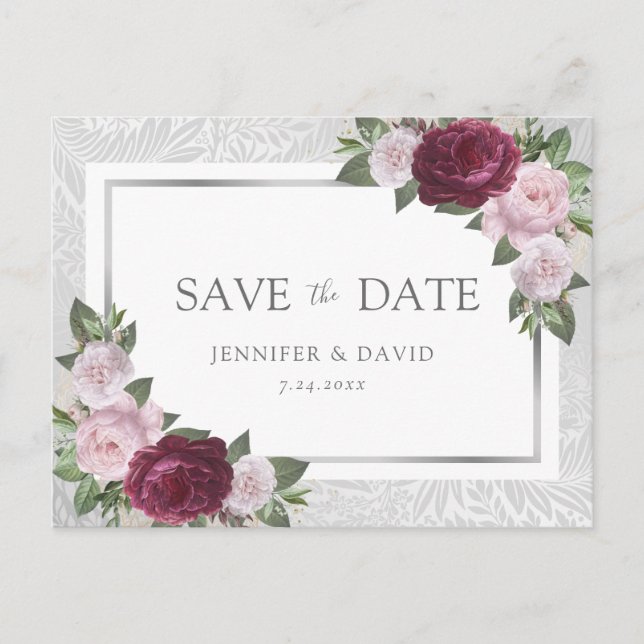 Silver Burgundy Blush Wedding Save the Date Ankündigungspostkarte (Vorderseite)