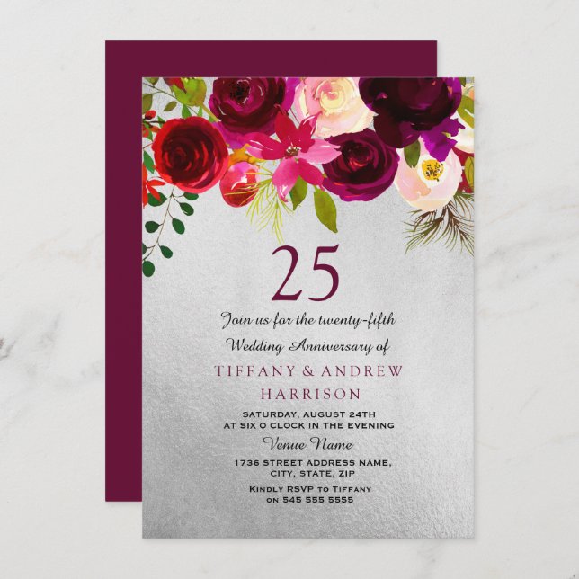 Silver & Burgundy Floral 25. Hochzeitstag Einladung (Vorne/Hinten)