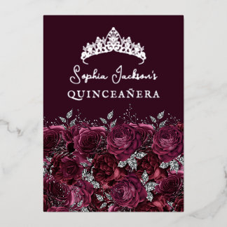 Silver Burgundy Floral Rose Quinceanera Folieneinladung
