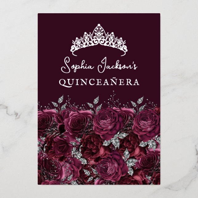 Silver Burgundy Floral Rose Quinceanera Folieneinladung (Vorderseite)