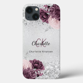 Silver burgundy florale elegant monogram name Case-Mate iPhone hülle