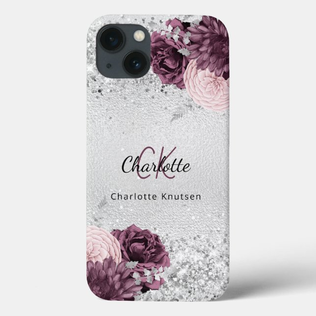 Silver burgundy florale elegant monogram name Case-Mate iPhone hülle (Rückseite)
