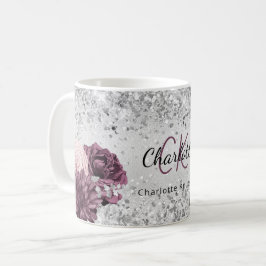 Silver burgundy florale elegant monogram name kaffeetasse