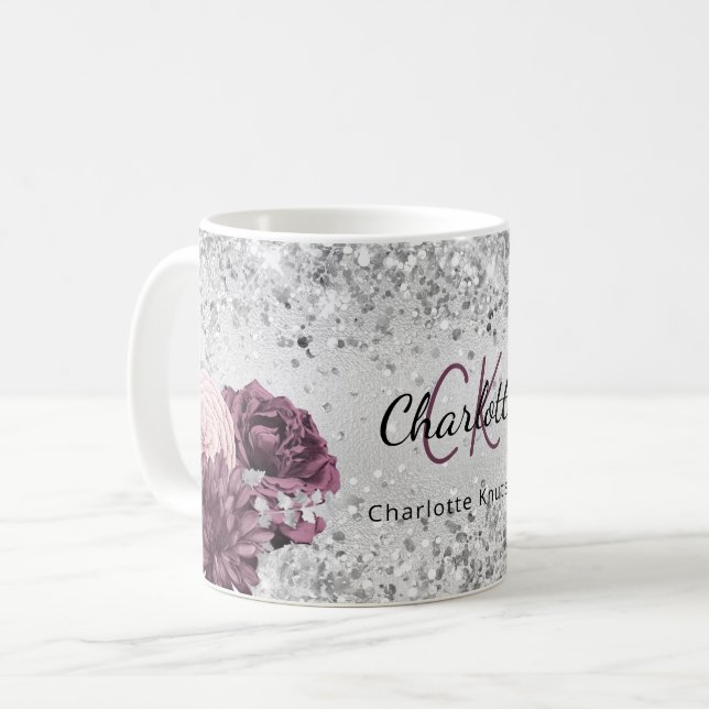 Silver burgundy florale elegant monogram name kaffeetasse (Vorderseite Links)