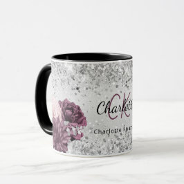 Silver burgundy florale elegant monogram name tasse