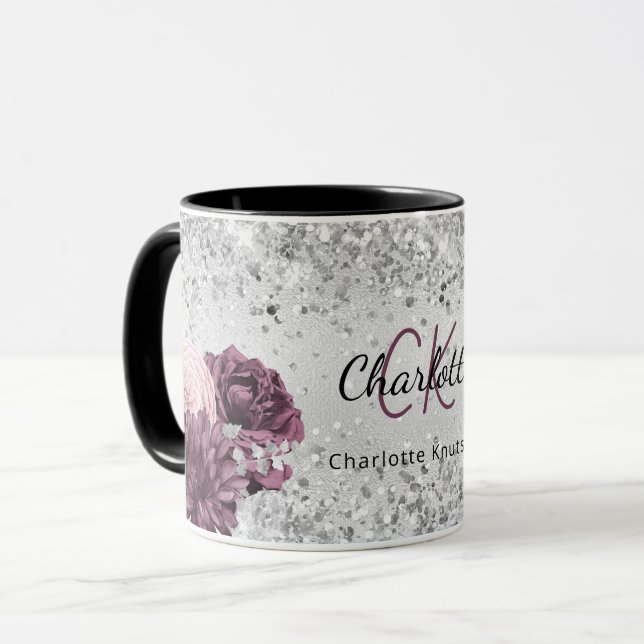 Silver burgundy florale elegant monogram name tasse (Vorderseite Links)