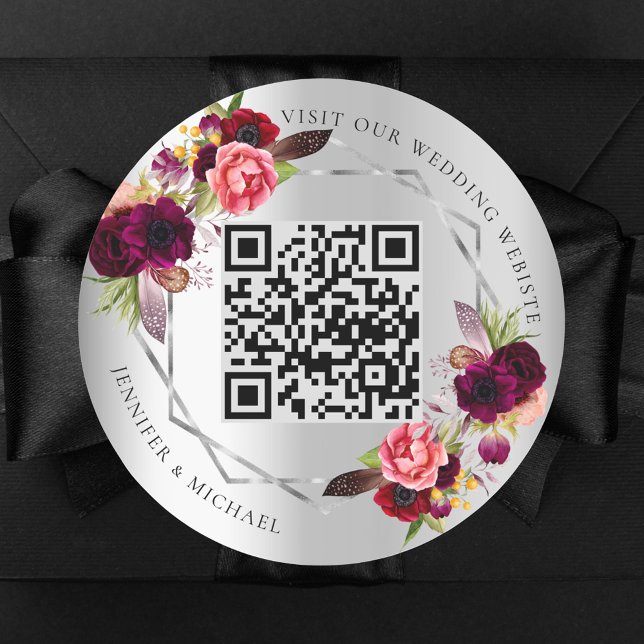 Silver burgundy florals geometrische QR-Code Hochz Runder Aufkleber (Von Creator hochgeladen)