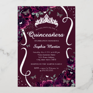 Silver Burgundy Rose Butterfly Quinceanera Folieneinladung