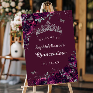Silver Burgundy Rose Quinceanera Sign Willkommen Poster