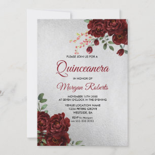 Silver Burgundy Rote Rose Floral Quinceanera Einla Einladung