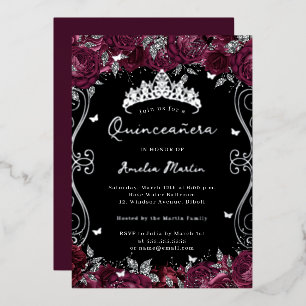 Silver Burgundy Swirl Scroll Floral Quinceanera Folieneinladung