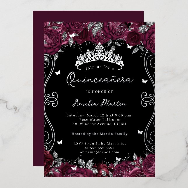 Silver Burgundy Swirl Scroll Floral Quinceanera Folieneinladung (Vorderseite/Rückseite)