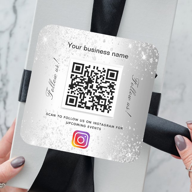 Silver Business Glitzer Name qr Codeinstagramm Quadratischer Aufkleber (Von Creator hochgeladen)