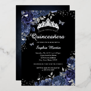Silver Butterfly Floral Navy Black Quinceanera Folieneinladung