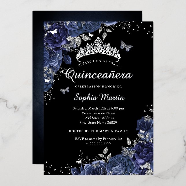 Silver Butterfly Floral Navy Black Quinceanera Folieneinladung (Vorderseite/Rückseite)