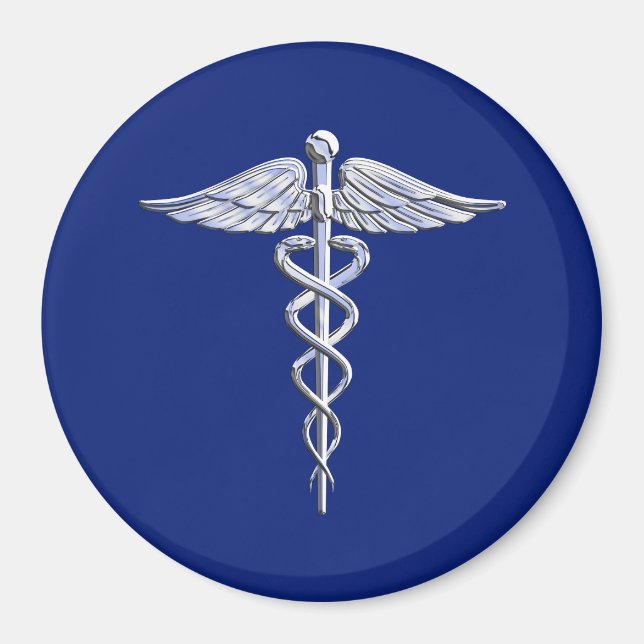 Silver Caduceus Medical Symbol auf Navy Blue Decor Magnet (Vorne)