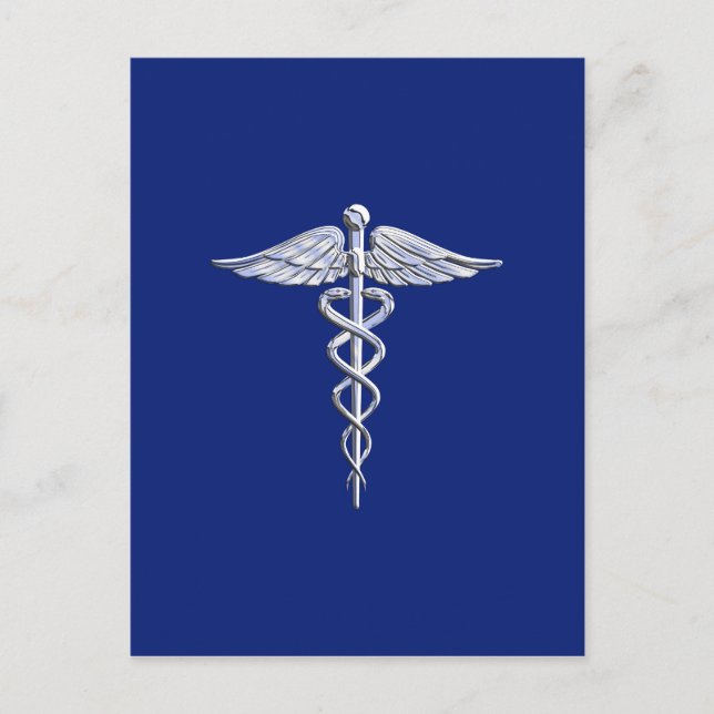 Silver Caduceus Medical Symbol auf Navy Blue Decor Postkarte (Vorderseite)