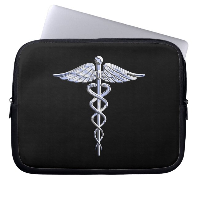 Silver Caduceus Medical Symbol auf Schwarz Laptopschutzhülle (Vorderseite)