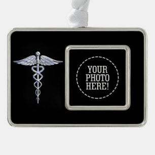 Silver Caduceus Medical Symbol auf schwarz Rahmen-Ornament Silber