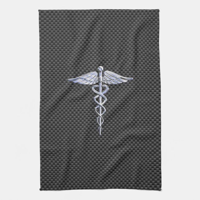 Silver Caduceus Medical Symbol Carbon Fiber Style Geschirrtuch (Vertikal)