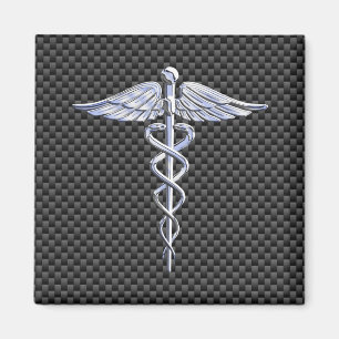 Silver Caduceus Medical Symbol Carbon Fiber Style Magnet