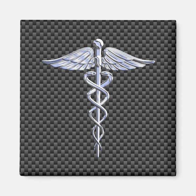 Silver Caduceus Medical Symbol Carbon Fiber Style Magnet (Vorne)