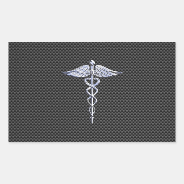 Silver Caduceus Medical Symbol Carbon Fiber Style Rechteckiger Aufkleber (Vorderseite)