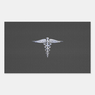Silver Caduceus Medical Symbol Carbon Fiber Style Rechteckiger Aufkleber
