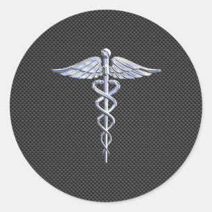 Silver Caduceus Medical Symbol Carbon Fiber Style Runder Aufkleber