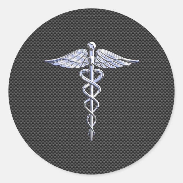 Silver Caduceus Medical Symbol Carbon Fiber Style Runder Aufkleber (Vorderseite)