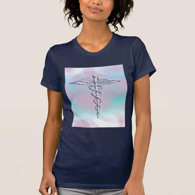 Silver Caduceus Medical Symbol Mother Pearl T-Shirt (Vorderseite)