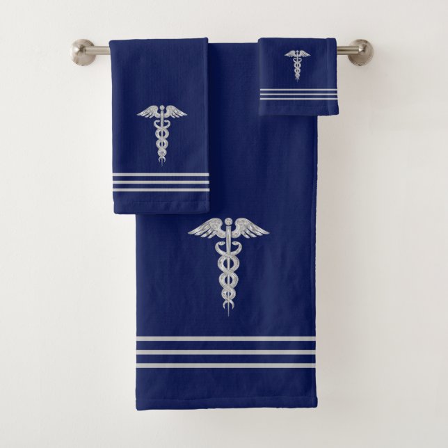 Silver Caduceus & Stripes auf Navy Blue Badhandtuch Set (Insitu)