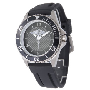 Silver Caduceus Symbol Carbon Fibre Style Dial Armbanduhr