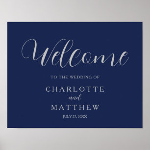 Silver Calligraphy Navy Blue Wedding Poster